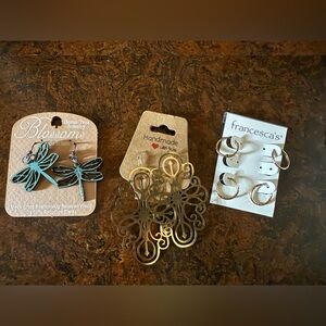 Brand New, Never Worn Earring Trio - Goldtone & Wood Dragonfly